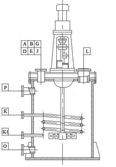 The drawing of the split vessel with a flat heads and an agitator