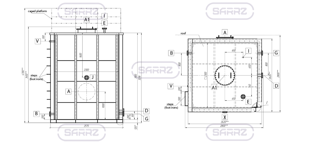 Drawing of rectangular tank with ribs