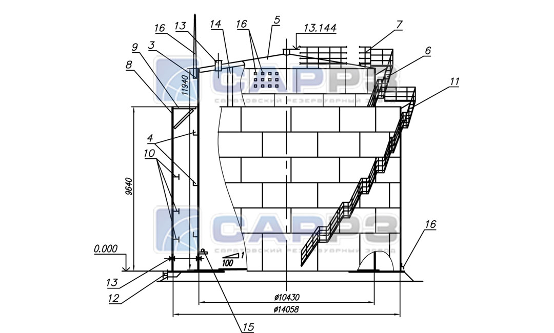 Vertical tank with safety wall of a volume 1000 m3 drawing