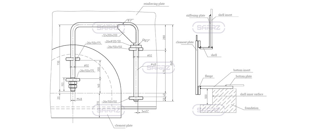 Drawing of bottom cleanout box 600x900 for vertical tank of a capacity 1000 m3